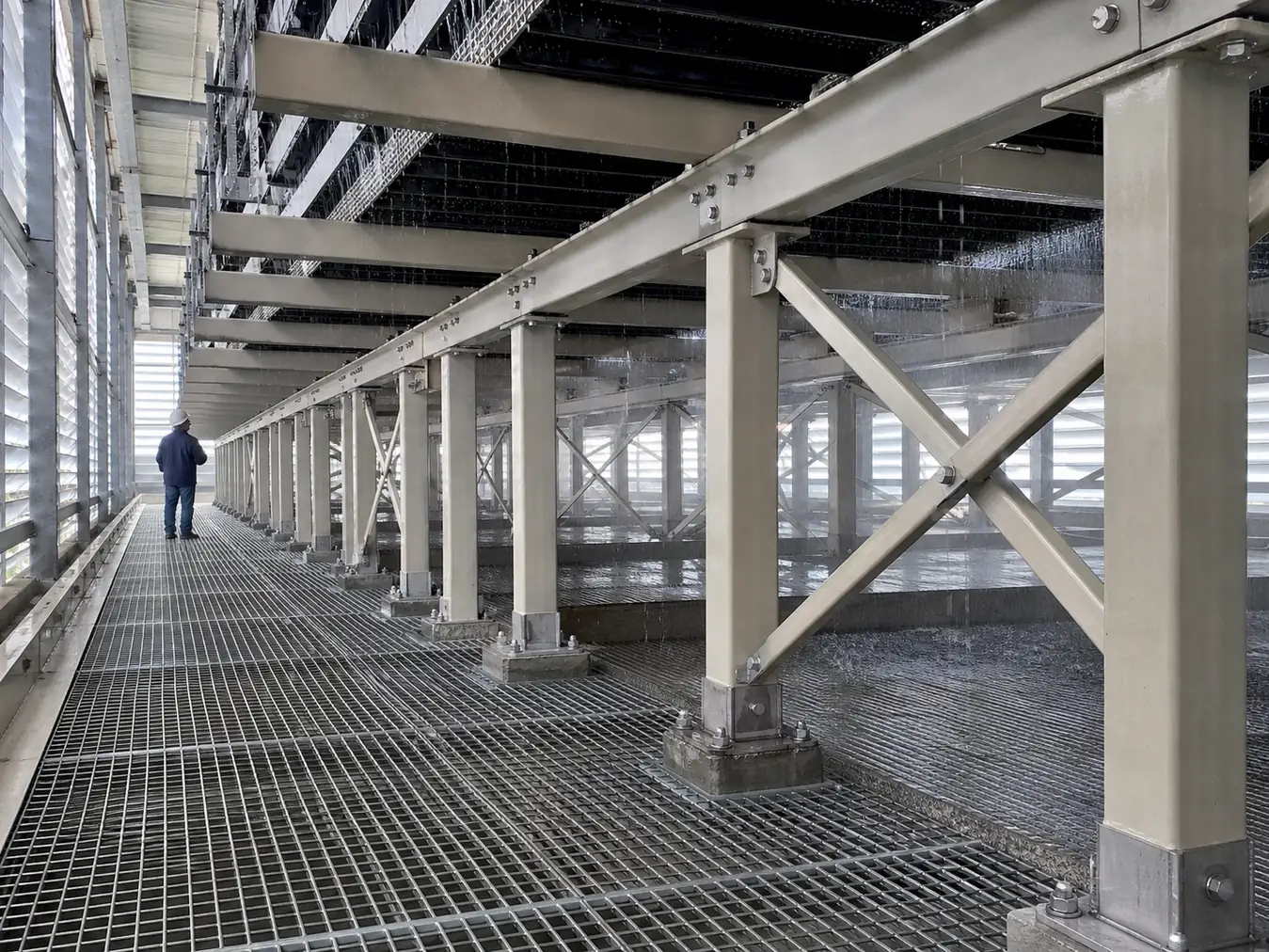 Representative pultruded FRP structural framing and maintenance route inside a wet cooling tower