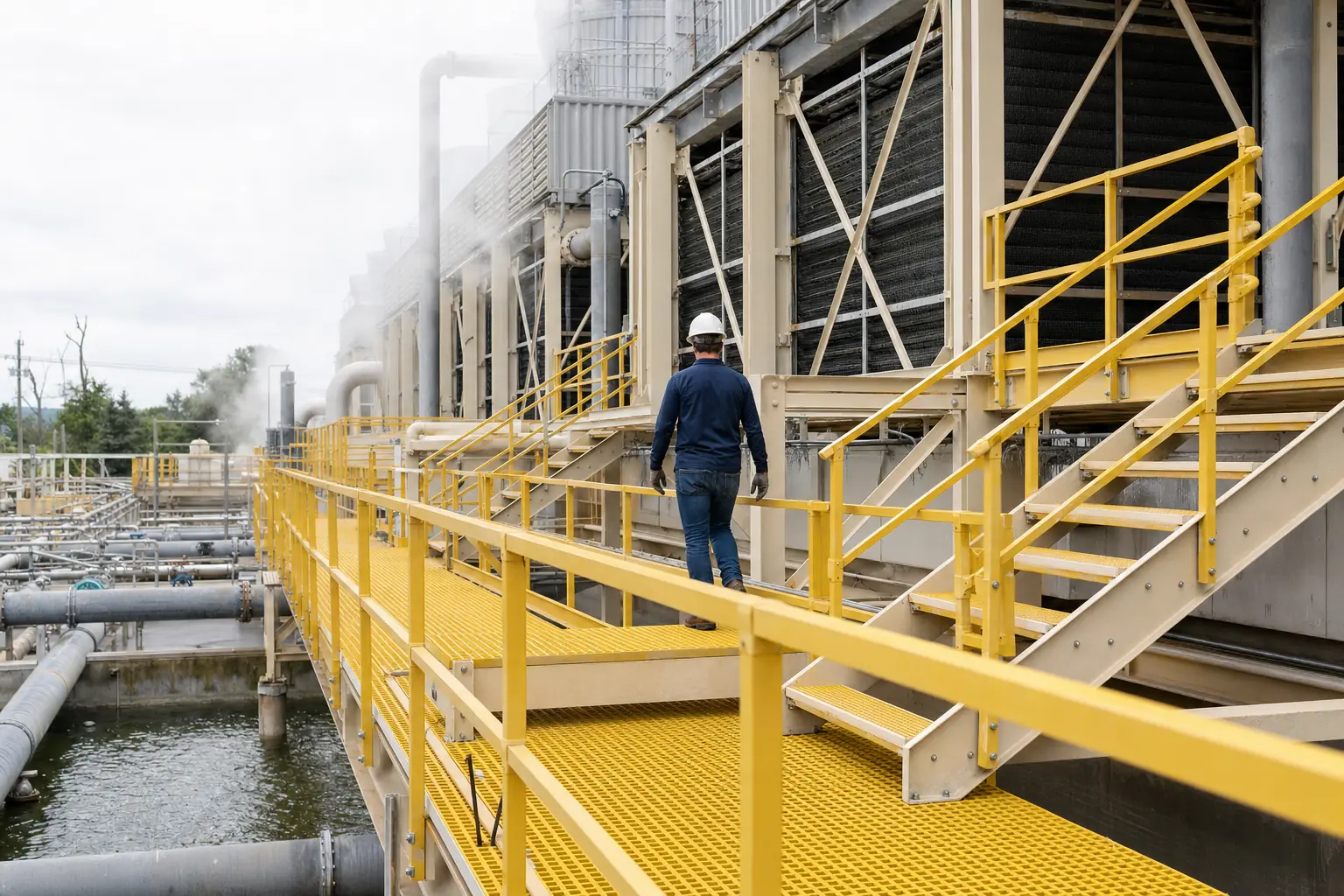 Representative pultruded FRP maintenance deck and access system beside industrial cooling tower cells