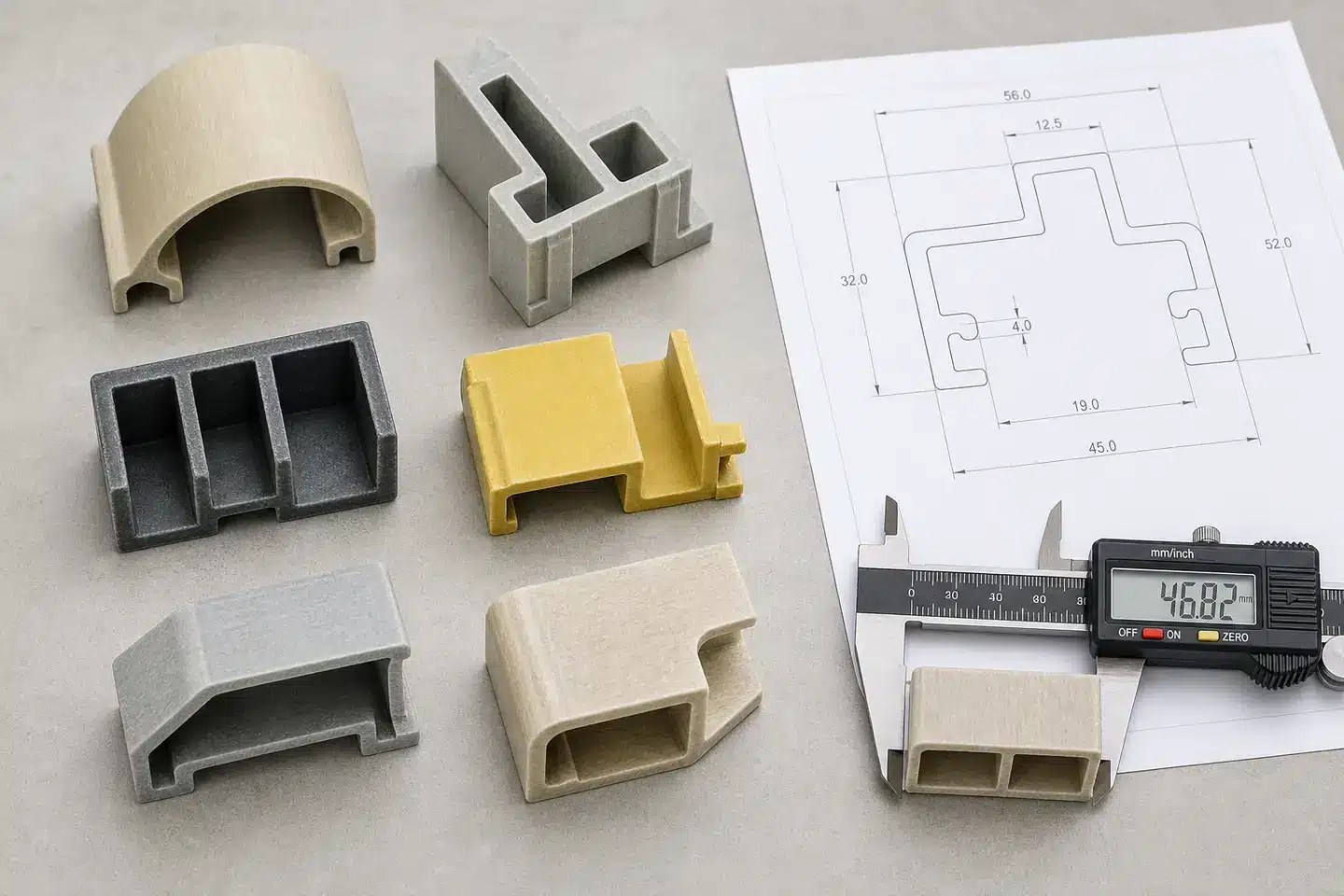 Illustrative custom FRP profile cross-section review with drawing and measurement