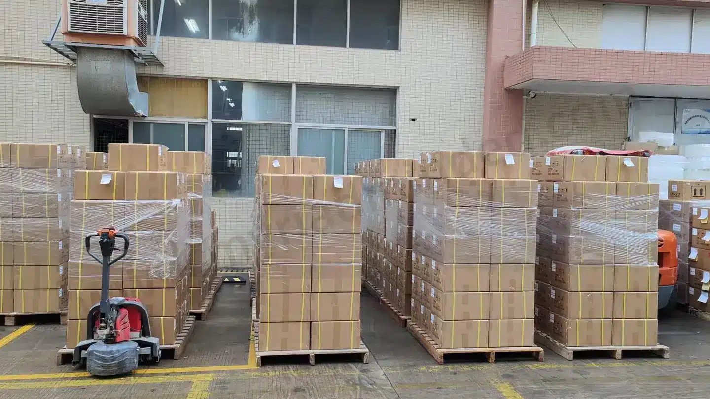 Haikuo packaged and labelled product pallets prepared for export handling