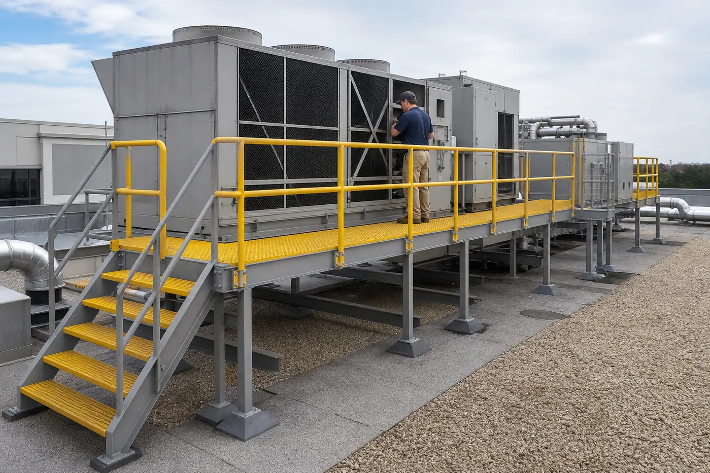 Representative rooftop HVAC service platform using FRP grating, rails and structural profiles
