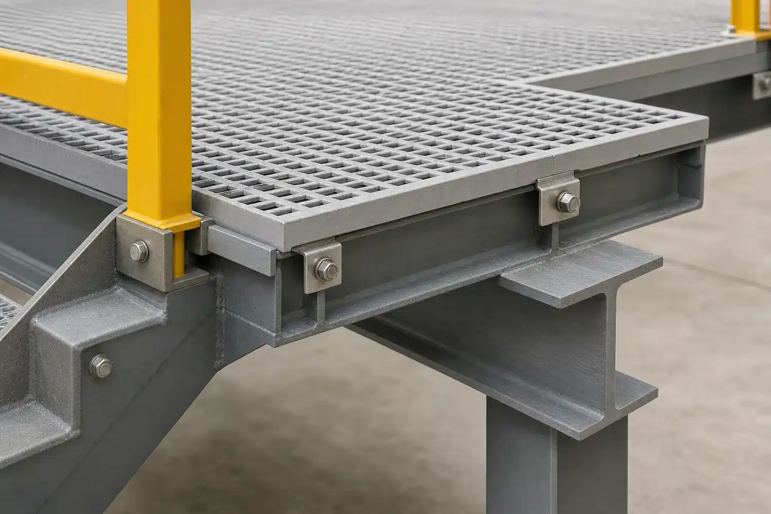 Representative FRP grating, structural support, clip and handrail connection detail