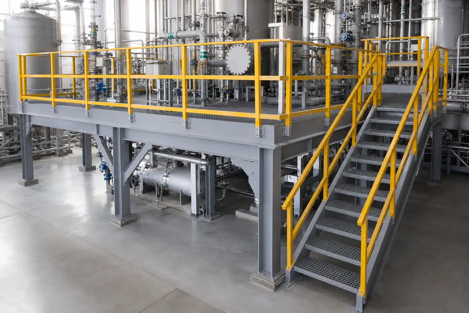 Representative FRP industrial platform system with grating, structural framing, handrail and stairs