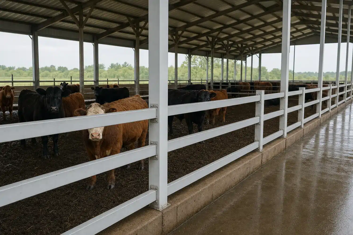 Representative FRP livestock divider rails in a wet cattle barn