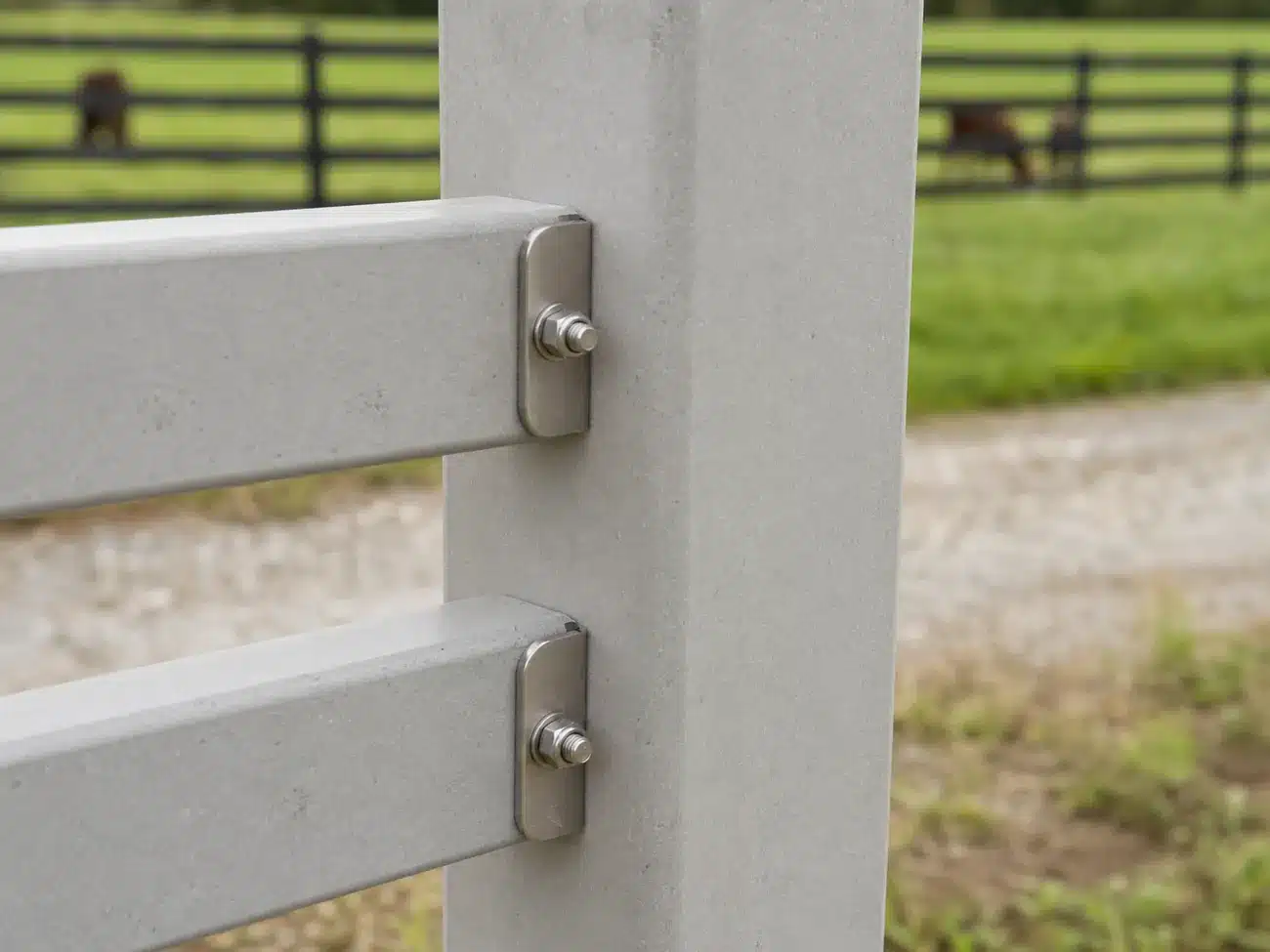 Representative FRP fence rail and post connection with stainless hardware
