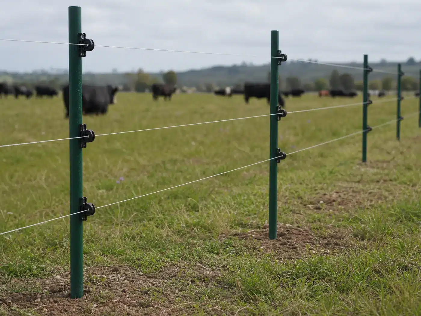Representative FRP round posts with electric-fence insulators in a cattle pasture