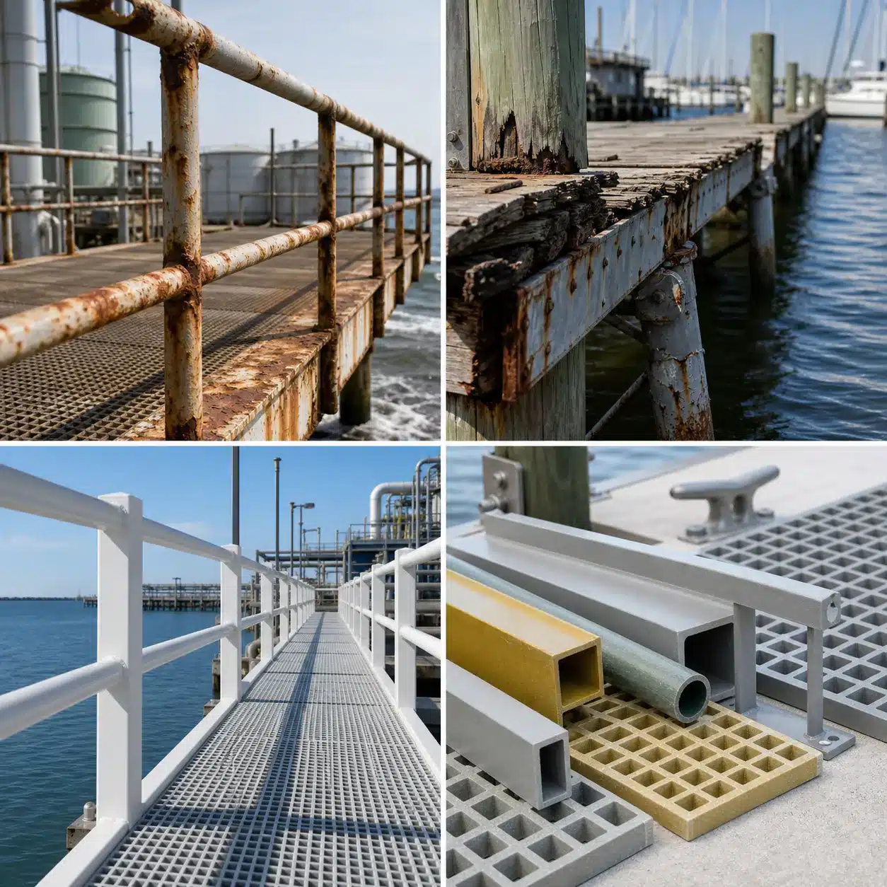 Representative marine corrosion, damaged timber and FRP access application comparison