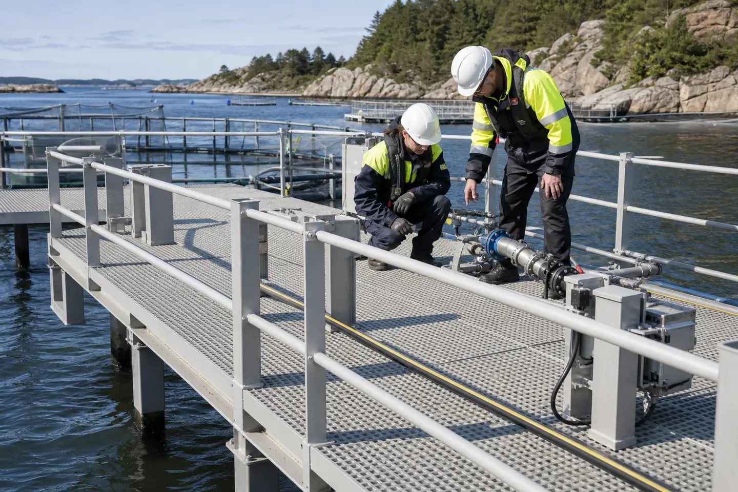 Representative marine aquaculture service platform using FRP grating, rails and pultruded structural profiles