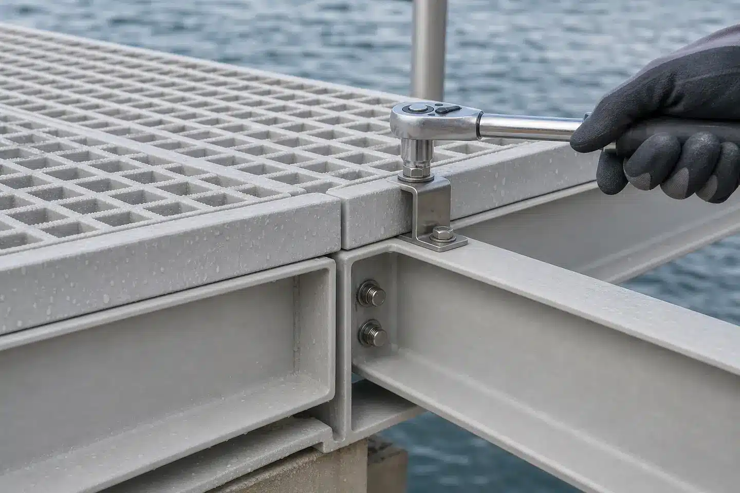 Representative FRP grating hold-down and structural connection with stainless hardware in a coastal environment
