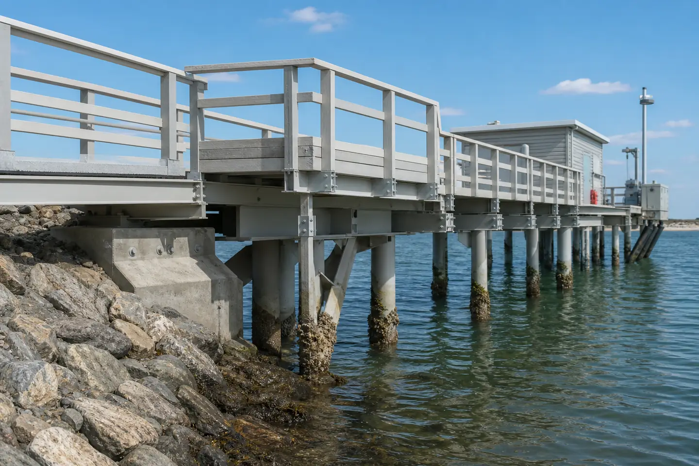 Representative coastal pier showing FRP access structure across atmospheric, splash and tidal exposure zones