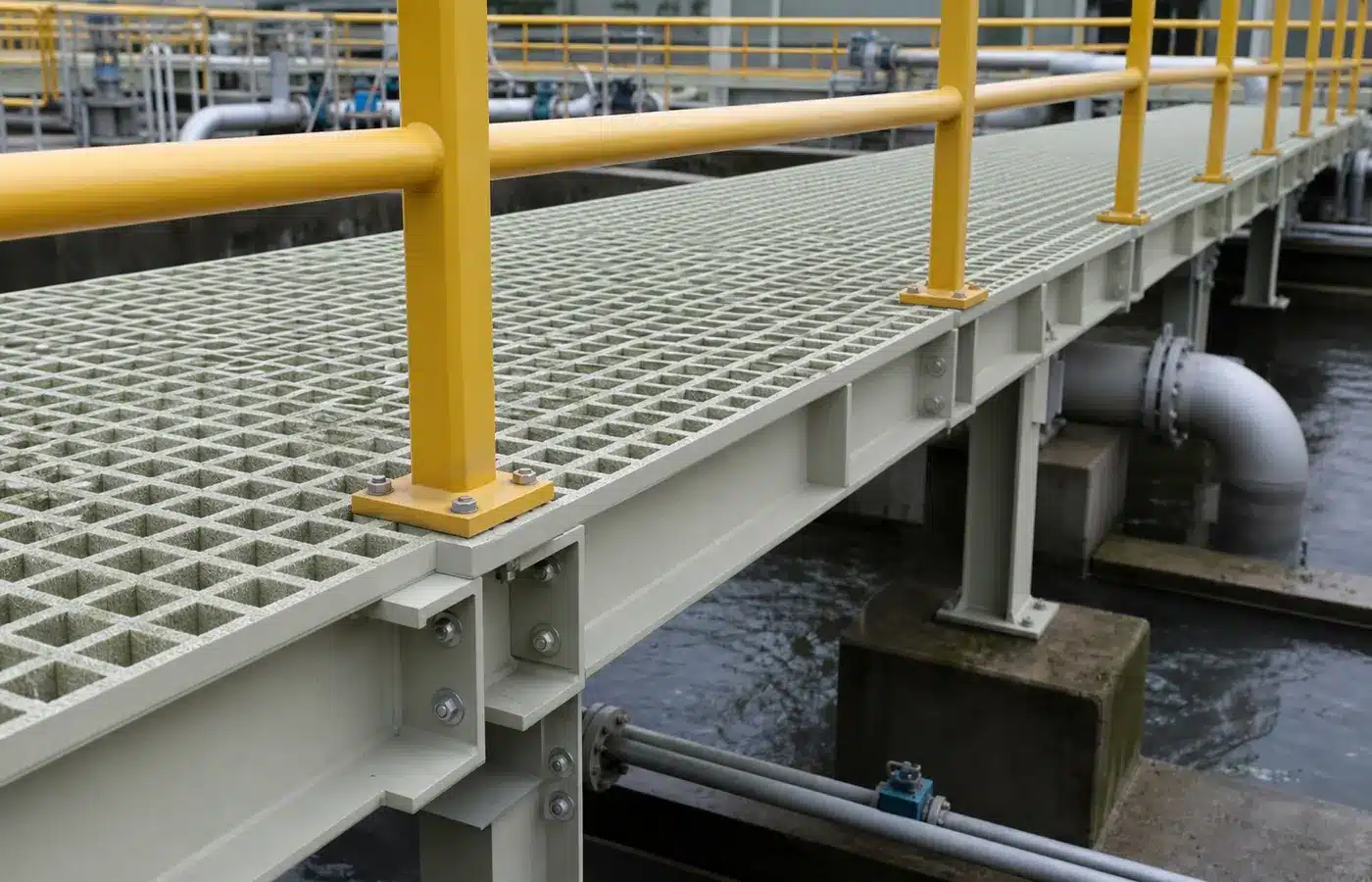 Representative FRP grating walkway and structural connection detail in a treatment facility
